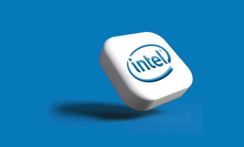 the intel logo is shown on a white cube