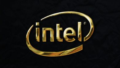 a gold intel logo on a black background