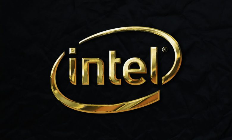 a gold intel logo on a black background