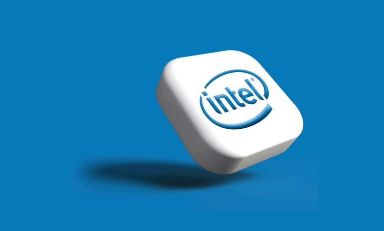 the intel logo is shown on a white cube