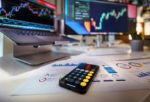 smartphone calculator on desk with financial charts behind